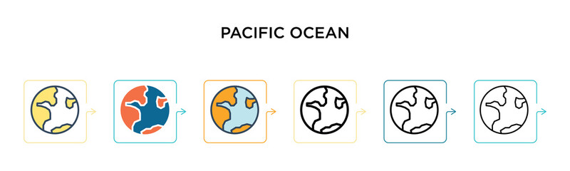 Pacific ocean vector icon in 6 different modern styles. Black, two colored pacific ocean icons designed in filled, outline, line and stroke style. Vector illustration can be used for web, mobile, ui
