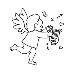 funny Cupid boy with lira, god of love, Valentine's day decoration, vector illustration with black contour lines in doodle and hand drawn style