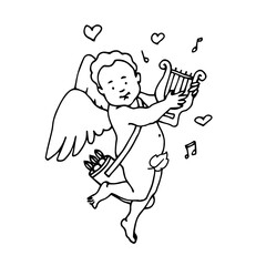 funny Cupid boy with lira, god of love, Valentine's day decoration, vector illustration with black contour lines in doodle and hand drawn style