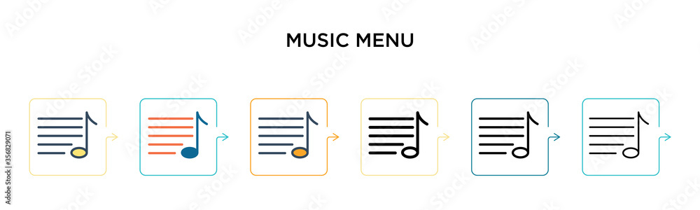 Poster music menu vector icon in 6 different modern styles. black, two colored music menu icons designed in