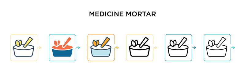 Medicine mortar vector icon in 6 different modern styles. Black, two colored medicine mortar icons designed in filled, outline, line and stroke style. Vector illustration can be used for web, mobile,