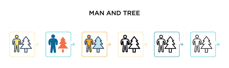 Man and tree vector icon in 6 different modern styles. Black, two colored man and tree icons designed in filled, outline, line and stroke style. Vector illustration can be used for web, mobile, ui