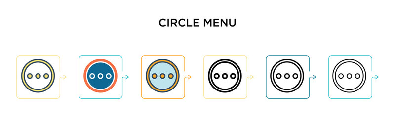 Circle menu vector icon in 6 different modern styles. Black, two colored circle menu icons designed in filled, outline, line and stroke style. Vector illustration can be used for web, mobile, ui