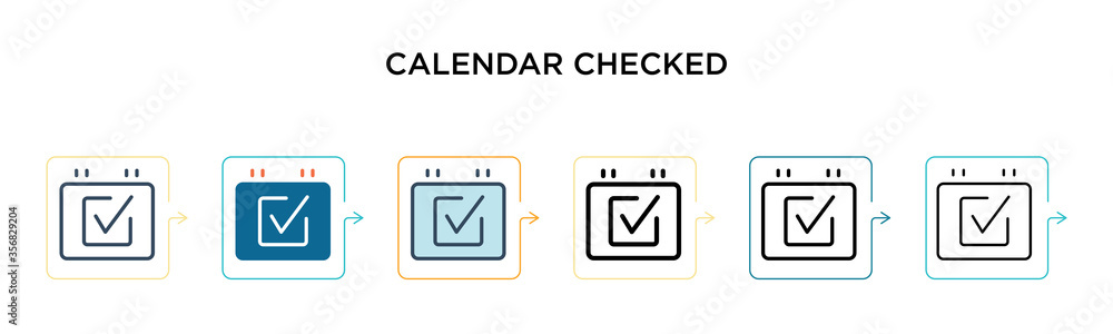 Poster calendar checked vector icon in 6 different modern styles. black, two colored calendar checked icons