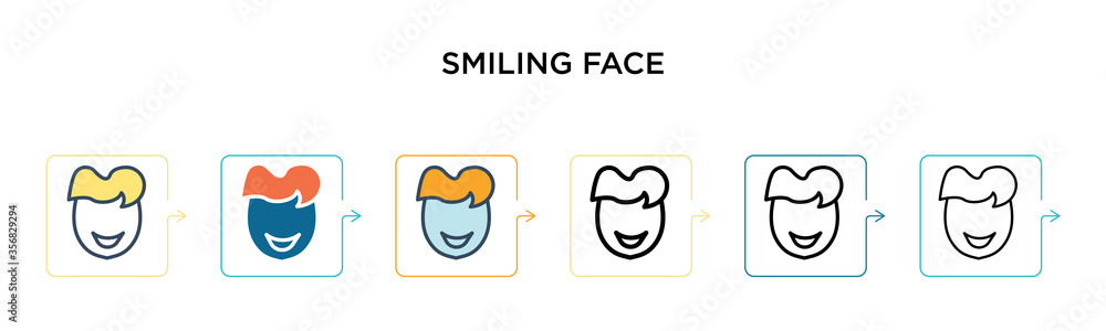 Poster smiling face vector icon in 6 different modern styles. black, two colored smiling face icons designe