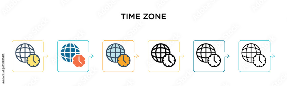 Poster time zone vector icon in 6 different modern styles. black, two colored time zone icons designed in f