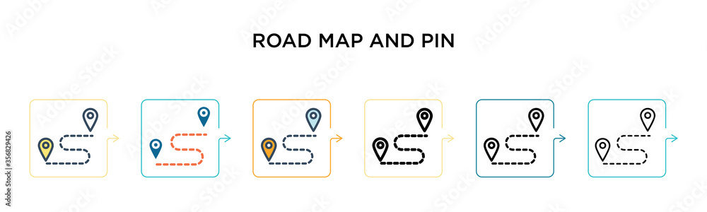 Poster road map and pin vector icon in 6 different modern styles. black, two colored road map and pin icons