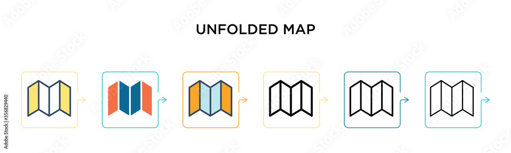 Poster unfolded map vector icon in 6 different modern styles. black, two colored unfolded map icons designe