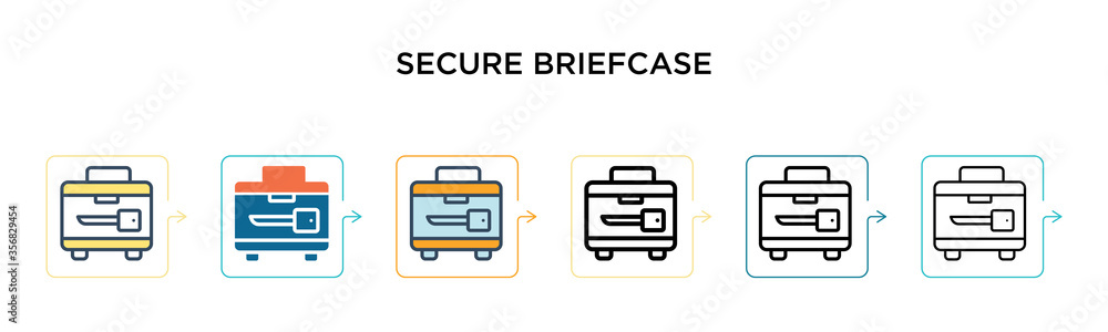 Poster secure briefcase vector icon in 6 different modern styles. black, two colored secure briefcase icons