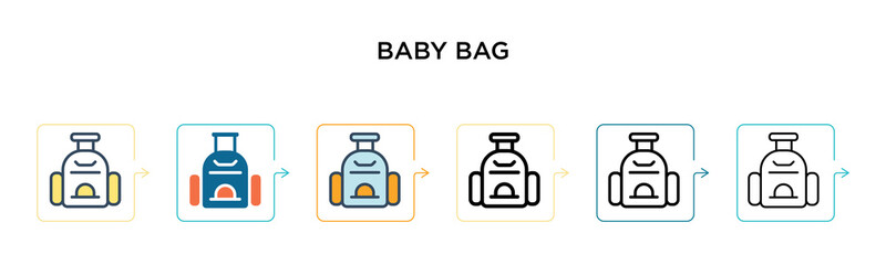 Baby bag vector icon in 6 different modern styles. Black, two colored baby bag icons designed in filled, outline, line and stroke style. Vector illustration can be used for web, mobile, ui