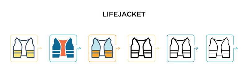 Lifejacket vector icon in 6 different modern styles. Black, two colored lifejacket icons designed in filled, outline, line and stroke style. Vector illustration can be used for web, mobile, ui