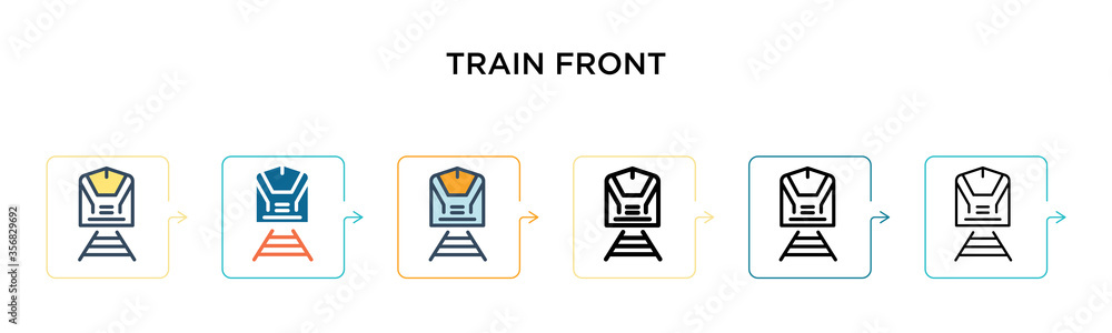 Poster train front vector icon in 6 different modern styles. black, two colored train front icons designed 