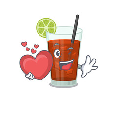 A sweet cuba libre cocktail cartoon character style holding a big heart