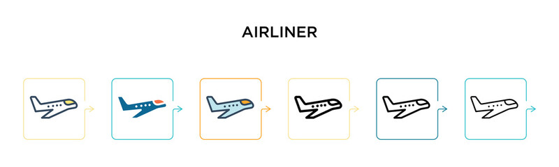 Airliner vector icon in 6 different modern styles. Black, two colored airliner icons designed in filled, outline, line and stroke style. Vector illustration can be used for web, mobile, ui