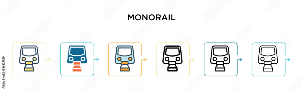Poster monorail vector icon in 6 different modern styles. black, two colored monorail icons designed in fil
