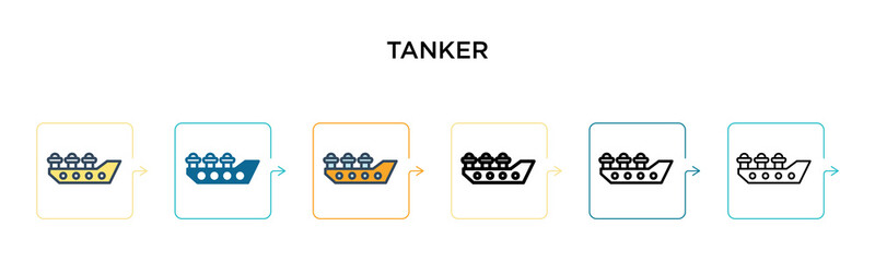 Tanker vector icon in 6 different modern styles. Black, two colored tanker icons designed in filled, outline, line and stroke style. Vector illustration can be used for web, mobile, ui