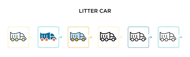 Litter car vector icon in 6 different modern styles. Black, two colored litter car icons designed in filled, outline, line and stroke style. Vector illustration can be used for web, mobile, ui