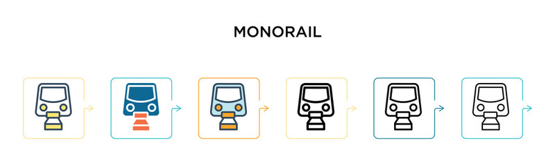 Monorail vector icon in 6 different modern styles. Black, two colored monorail icons designed in filled, outline, line and stroke style. Vector illustration can be used for web, mobile, ui