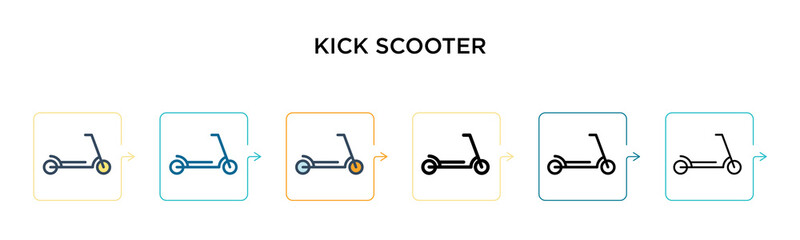 Kick scooter vector icon in 6 different modern styles. Black, two colored kick scooter icons designed in filled, outline, line and stroke style. Vector illustration can be used for web, mobile, ui