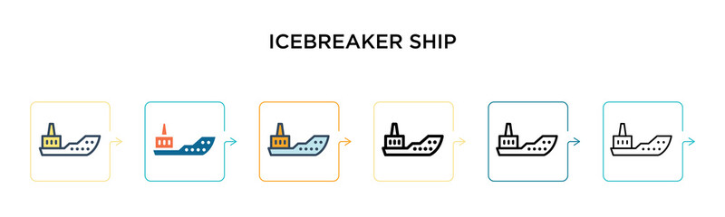 Icebreaker ship vector icon in 6 different modern styles. Black, two colored icebreaker ship icons designed in filled, outline, line and stroke style. Vector illustration can be used for web, mobile,