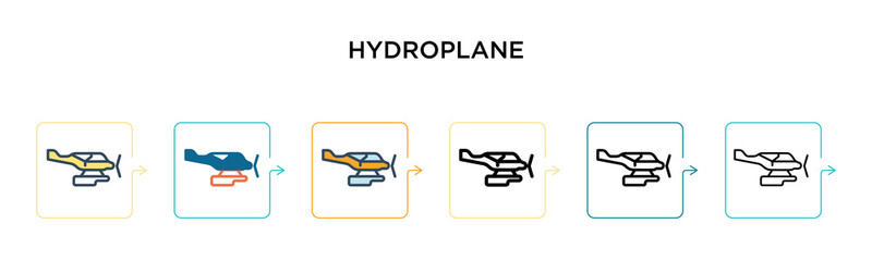 Hydroplane vector icon in 6 different modern styles. Black, two colored hydroplane icons designed in filled, outline, line and stroke style. Vector illustration can be used for web, mobile, ui