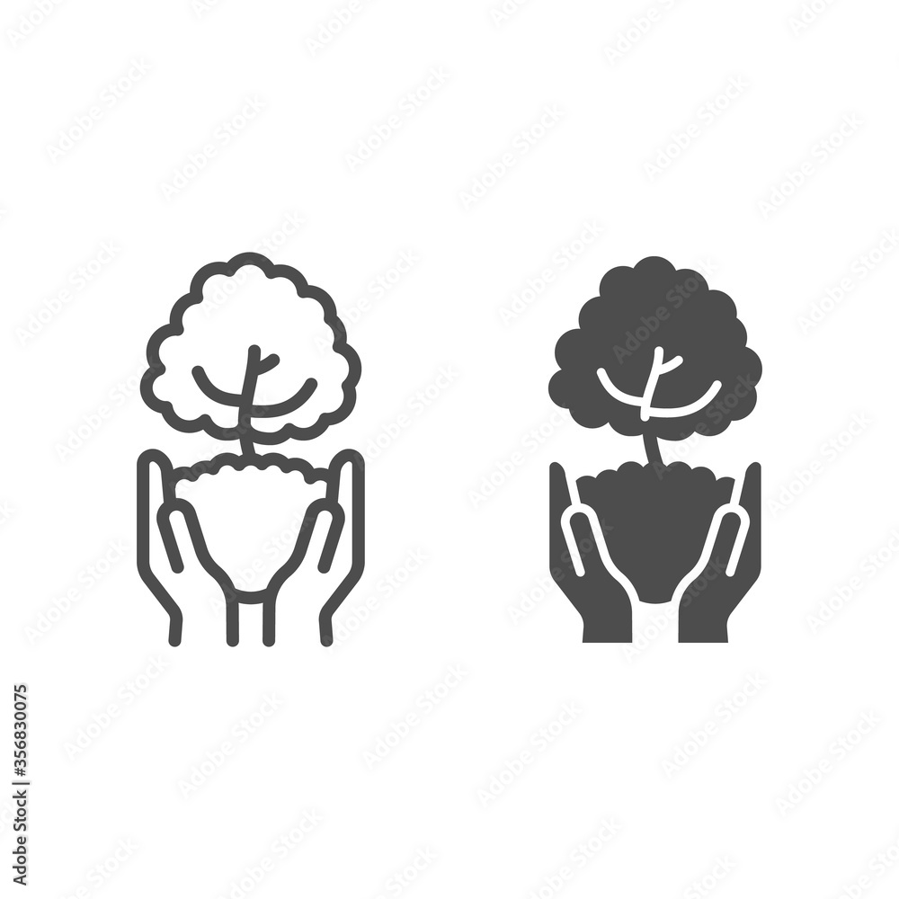 Poster tree in open hands with handful of soil line and solid icon, ecological concept, caring for nature h