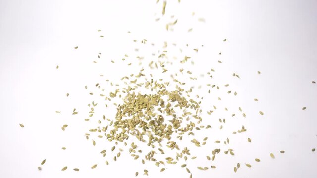 Dried cumin seeds falling in slow motion and isolated on a white surface to form a pile