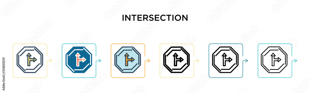 Poster intersection sign vector icon in 6 different modern styles. black, two colored intersection sign ico