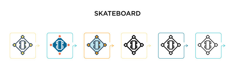 Skateboard sign vector icon in 6 different modern styles. Black, two colored skateboard sign icons designed in filled, outline, line and stroke style. Vector illustration can be used for web, mobile,