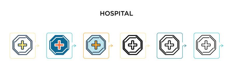 Obraz premium Hospital sign vector icon in 6 different modern styles. Black, two colored hospital sign icons designed in filled, outline, line and stroke style. Vector illustration can be used for web, mobile, ui