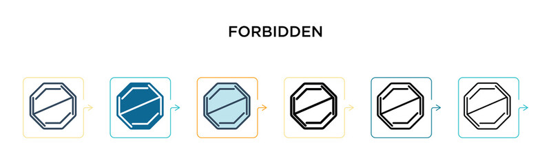 Forbidden sign vector icon in 6 different modern styles. Black, two colored forbidden sign icons designed in filled, outline, line and stroke style. Vector illustration can be used for web, mobile, ui