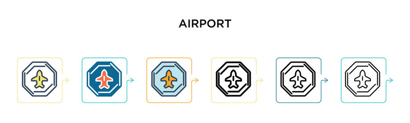 Airport sign vector icon in 6 different modern styles. Black, two colored airport sign icons designed in filled, outline, line and stroke style. Vector illustration can be used for web, mobile, ui