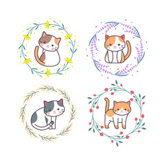 Cute baby cat animal with floral wreath or flower border cartoon hand drawn style