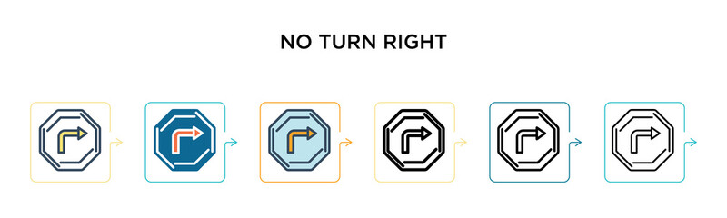 No turn right vector icon in 6 different modern styles. Black, two colored no turn right icons designed in filled, outline, line and stroke style. Vector illustration can be used for web, mobile, ui