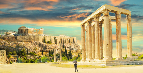 parthenon and columns and ruins of temple of Olympian Zeus Athens Greece