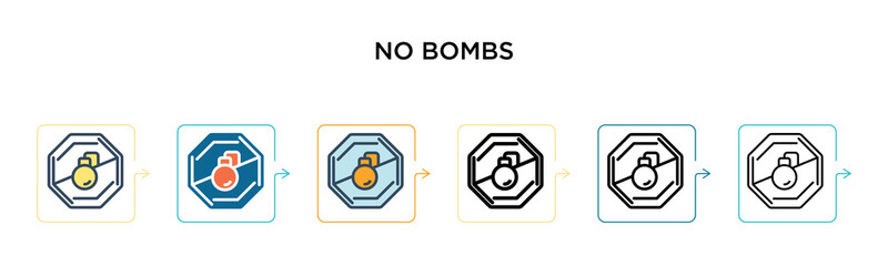No bombs vector icon in 6 different modern styles. Black, two colored no bombs icons designed in filled, outline, line and stroke style. Vector illustration can be used for web, mobile, ui