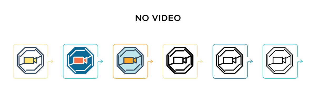 No video vector icon in 6 different modern styles. Black, two colored no video icons designed in filled, outline, line and stroke style. Vector illustration can be used for web, mobile, ui