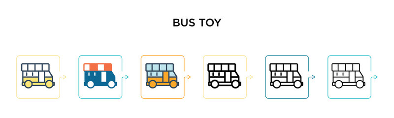 Bus toy vector icon in 6 different modern styles. Black, two colored bus toy icons designed in filled, outline, line and stroke style. Vector illustration can be used for web, mobile, ui