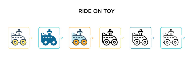 Ride on toy vector icon in 6 different modern styles. Black, two colored ride on toy icons designed in filled, outline, line and stroke style. Vector illustration can be used for web, mobile, ui