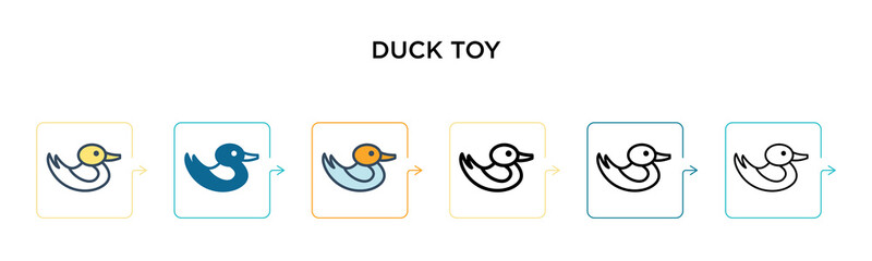 Duck toy vector icon in 6 different modern styles. Black, two colored duck toy icons designed in filled, outline, line and stroke style. Vector illustration can be used for web, mobile, ui