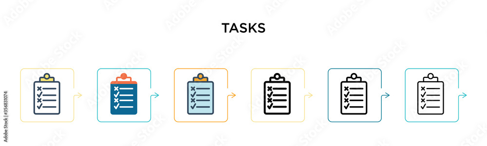 Poster tasks vector icon in 6 different modern styles. black, two colored tasks icons designed in filled, o
