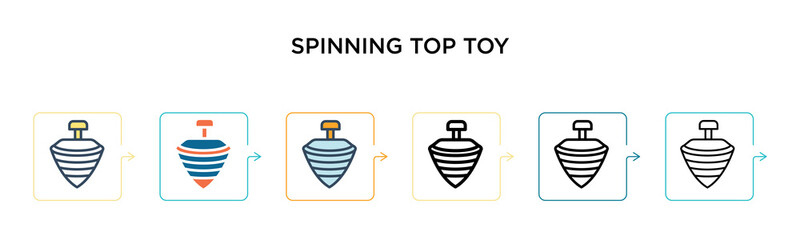 Spinning top toy vector icon in 6 different modern styles. Black, two colored spinning top toy icons designed in filled, outline, line and stroke style. Vector illustration can be used for web,