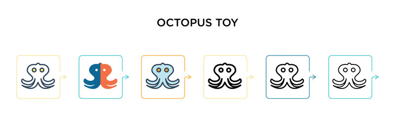 Octopus toy vector icon in 6 different modern styles. Black, two colored octopus toy icons designed in filled, outline, line and stroke style. Vector illustration can be used for web, mobile, ui