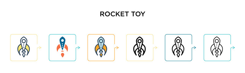 Rocket toy vector icon in 6 different modern styles. Black, two colored rocket toy icons designed in filled, outline, line and stroke style. Vector illustration can be used for web, mobile, ui