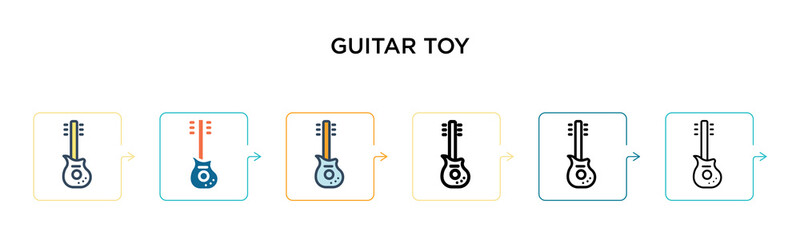 Guitar toy vector icon in 6 different modern styles. Black, two colored guitar toy icons designed in filled, outline, line and stroke style. Vector illustration can be used for web, mobile, ui
