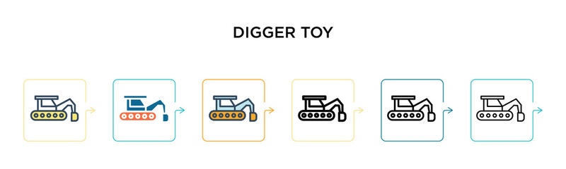 Digger toy vector icon in 6 different modern styles. Black, two colored digger toy icons designed in filled, outline, line and stroke style. Vector illustration can be used for web, mobile, ui