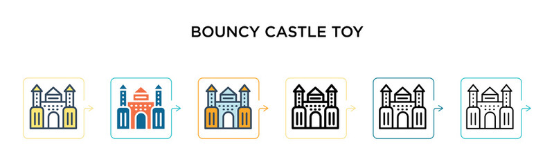 Bouncy castle toy vector icon in 6 different modern styles. Black, two colored bouncy castle toy icons designed in filled, outline, line and stroke style. Vector illustration can be used for web,