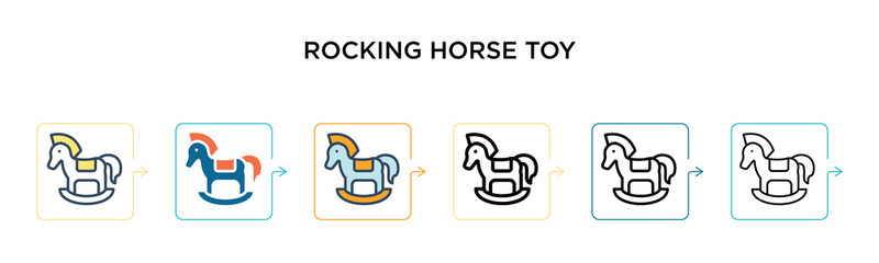 Rocking horse toy vector icon in 6 different modern styles. Black, two colored rocking horse toy icons designed in filled, outline, line and stroke style. Vector illustration can be used for web,