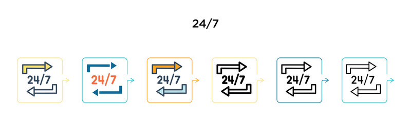 24/7 vector icon in 6 different modern styles. Black, two colored 24/7 icons designed in filled, outline, line and stroke style. Vector illustration can be used for web, mobile, ui