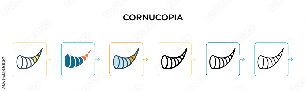 Poster cornucopia vector icon in 6 different modern styles. black, two colored cornucopia icons designed in